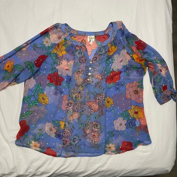 Fig & Flower Womens Floral Puff Sleeve Top 3X Peasant Boho Cottagecore Flowy - Picture 2 of 12